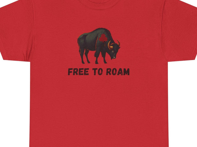 Red t-shirt with a graphic of a bison and 'FREE TO ROAM' text on a white background