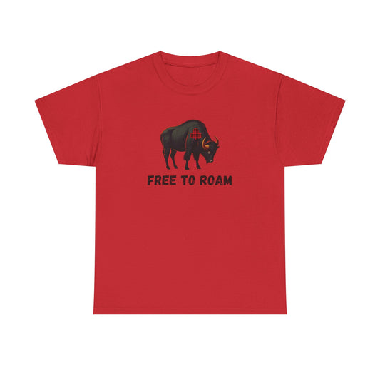 Red t-shirt with a graphic of a bison and 'FREE TO ROAM' text on a white background