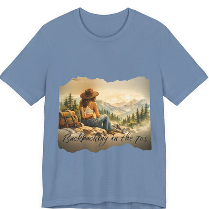 Slow, Free Peace Sign Tee 1970s Female Backpacker Retro Travel Unisex T-Shirt