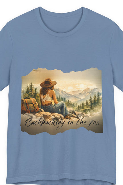 Slow, Free Peace Sign Tee 1970s Female Backpacker Retro Travel Unisex T-Shirt