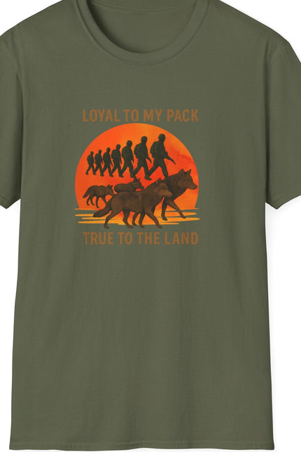 Military green soldiers and wolves. Text states Loyal to my Pack, True to the Land. 