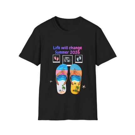 Black t-shirt with flip-flop design and text on a white background