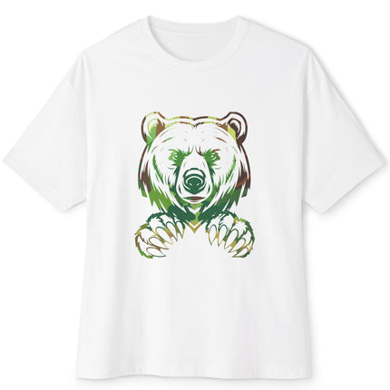White t-shirt with a colorful bear graphic on a white background