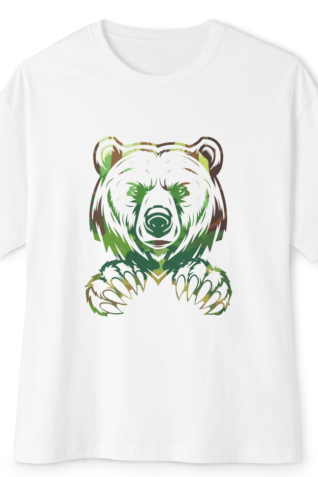 White t-shirt with a colorful bear graphic on a white background