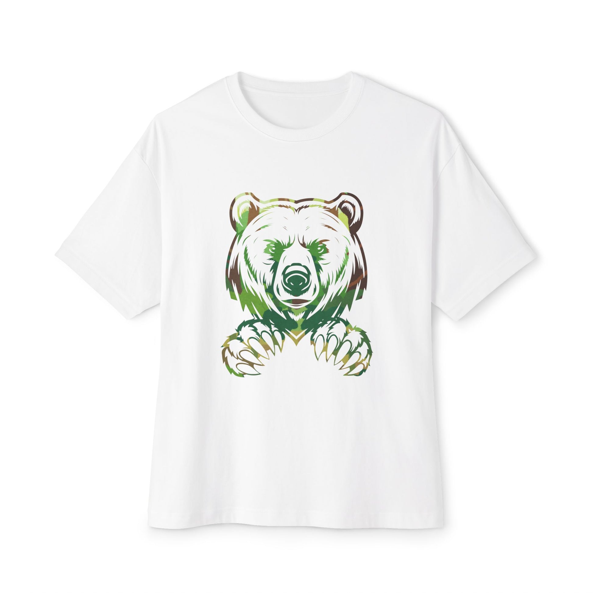 White t-shirt with a colorful bear graphic on a white background