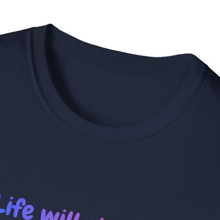 Navy blue t-shirt with text on a white background