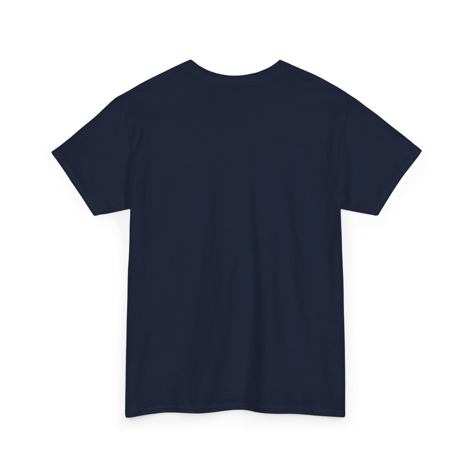 Plain back of navy blue t-shirt on a white background