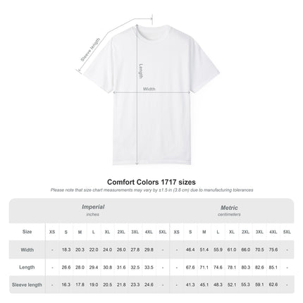 White t-shirt with measurement chart on a white background