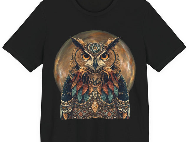 Black t-shirt with an owl design on a white background