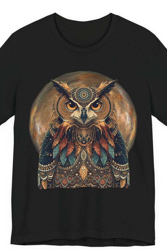 Black t-shirt with an owl design on a white background