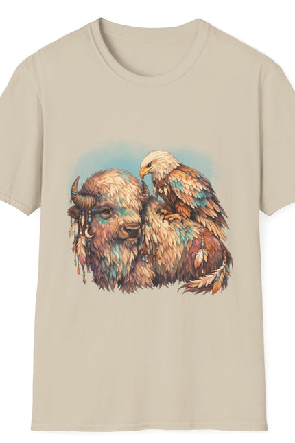 Sand t-shirt with a graphic of a bison and eagle on a white background