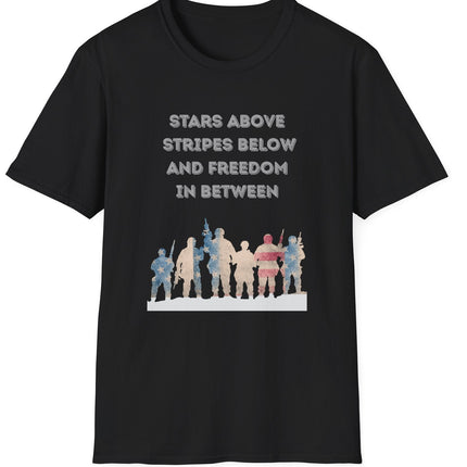 Black t-shirt with Red white and blue military troupe graphic design and text stating Stars Above Stripes Below and Freedom In Between on a white background