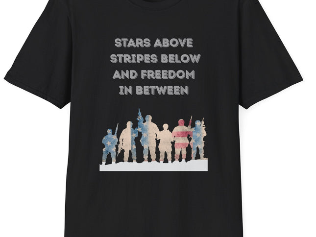 Black t-shirt with Red white and blue military troupe graphic design and text stating Stars Above Stripes Below and Freedom In Between on a white background