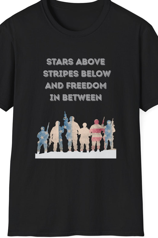 Black t-shirt with Red white and blue military troupe graphic design and text stating Stars Above Stripes Below and Freedom In Between on a white background