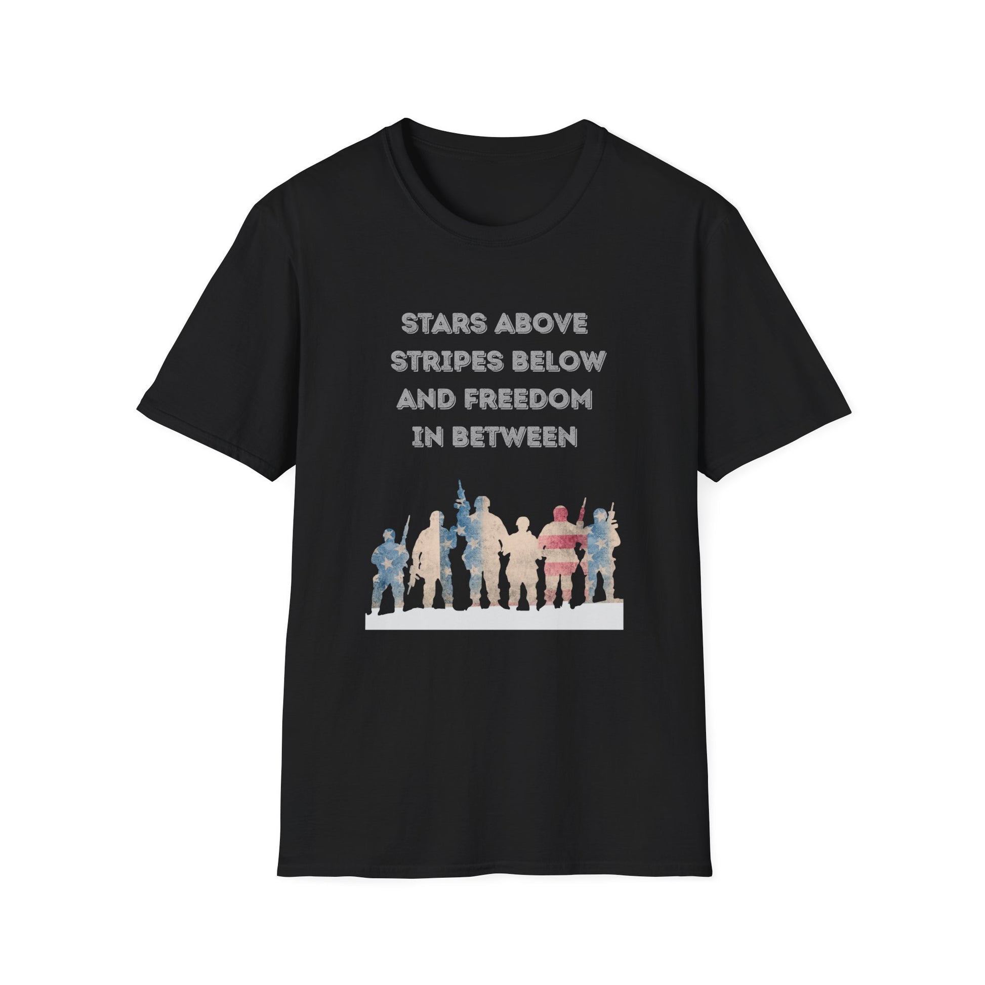 Black t-shirt with Red white and blue military troupe graphic design and text stating Stars Above Stripes Below and Freedom In Between on a white background