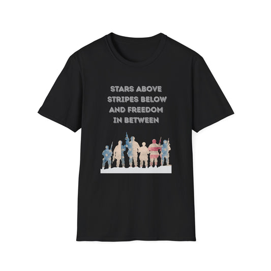 Black t-shirt with Red white and blue military troupe graphic design and text stating Stars Above Stripes Below and Freedom In Between on a white background
