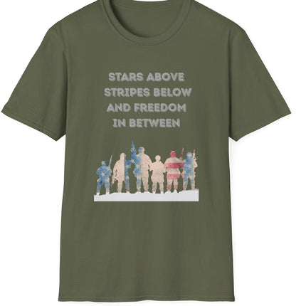 Green t-shirt with Red white and blue military troupe graphic design and text stating Stars Above Stripes Below and Freedom In Between on a white background