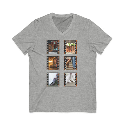 Gray t-shirt with six square photo frames on a white background