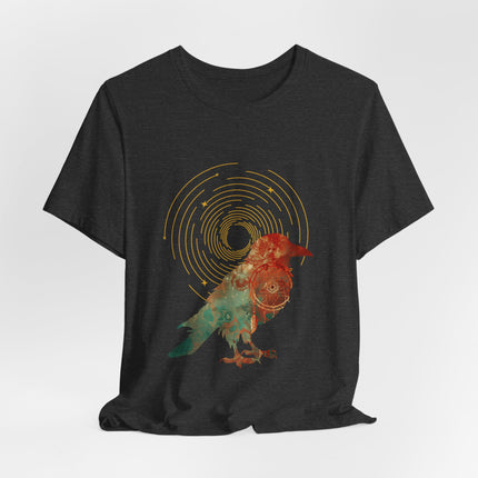 Black t-shirt with a colorful bird graphic on a white background