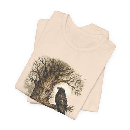 Beige tank top with a nature-themed design of a bird and tree on a white background