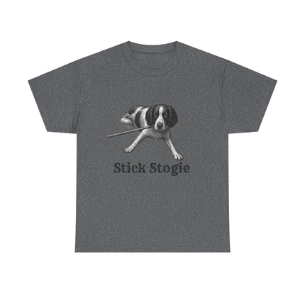 Gray t-shirt with the look of a hand drawn springer spaniel chewing a stick. The text is: Stick Stogie.