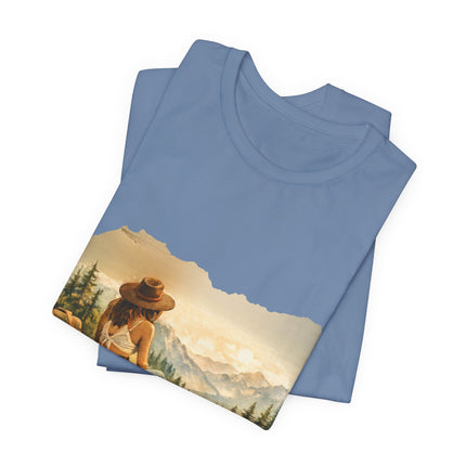 Slow, Free Peace Sign Tee 1970s Female Backpacker Retro Travel Unisex T-Shirt