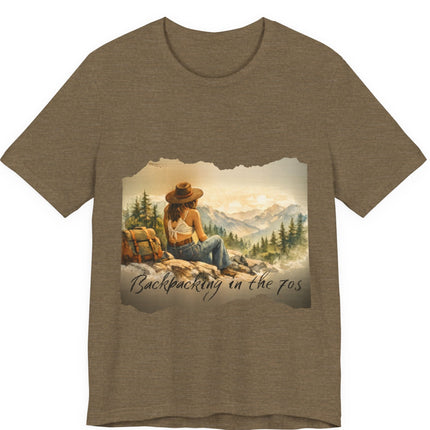 Slow, Free Peace Sign Tee 1970s Female Backpacker Retro Travel Unisex T-Shirt