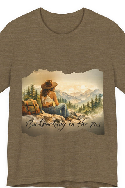 Slow, Free Peace Sign Tee 1970s Female Backpacker Retro Travel Unisex T-Shirt