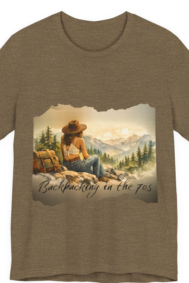 Slow, Free Peace Sign Tee 1970s Female Backpacker Retro Travel Unisex T-Shirt