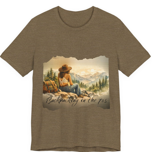 Slow, Free Peace Sign Tee 1970s Female Backpacker Retro Travel Unisex T-Shirt