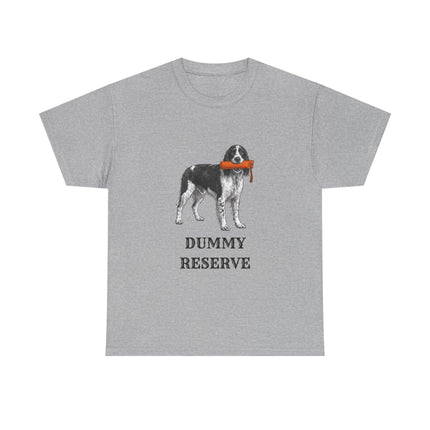 A heather gray short-sleeve t-shirt featuring a graphic of a A white short-sleeve crewneck t-shirt featuring a graphic of a black and white Springer Spaniel dog holding an orange training dummy in its mouth, with the text 'DUMMY RESERVE' printed below in black.