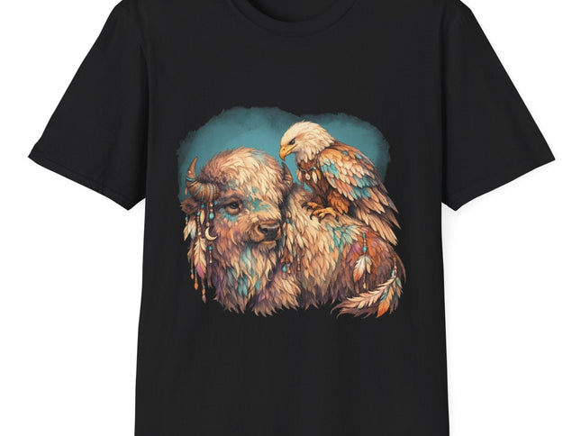 Black t-shirt with a colorful graphic of a bison and an eagle on a white background