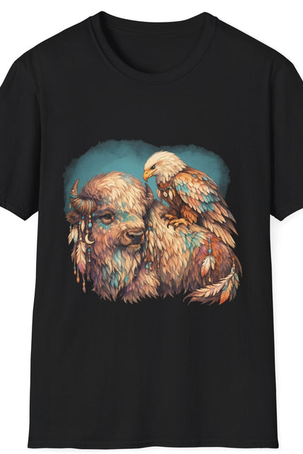 Black t-shirt with a colorful graphic of a bison and an eagle on a white background