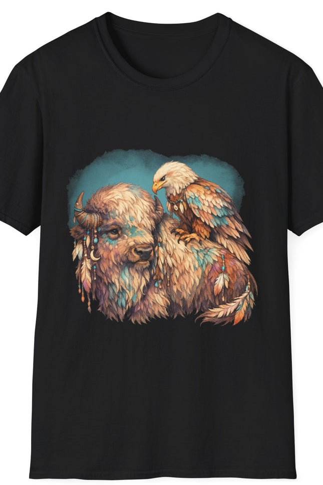 Black t-shirt with a colorful graphic of a bison and an eagle on a white background