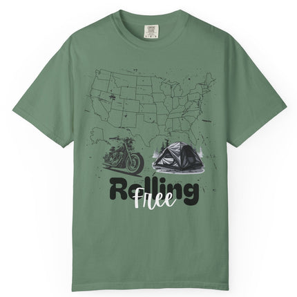 Green t-shirt with a map of the United States and motorcycles graphic, text 'Rolling Free' on a white background.