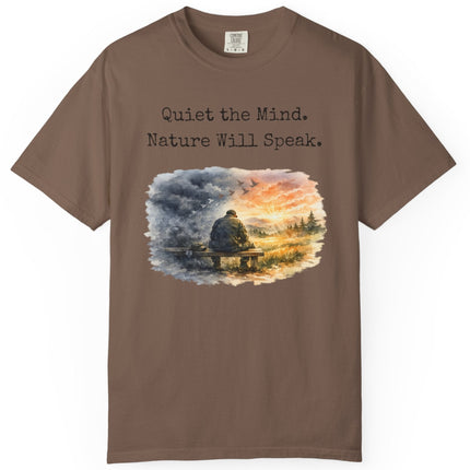 Brown t-shirt with veteran, nature-themed graphic and text on a white background