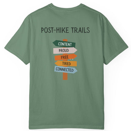 Back of green t-shirt with 'Post-Hike Trails' graphic on a white background