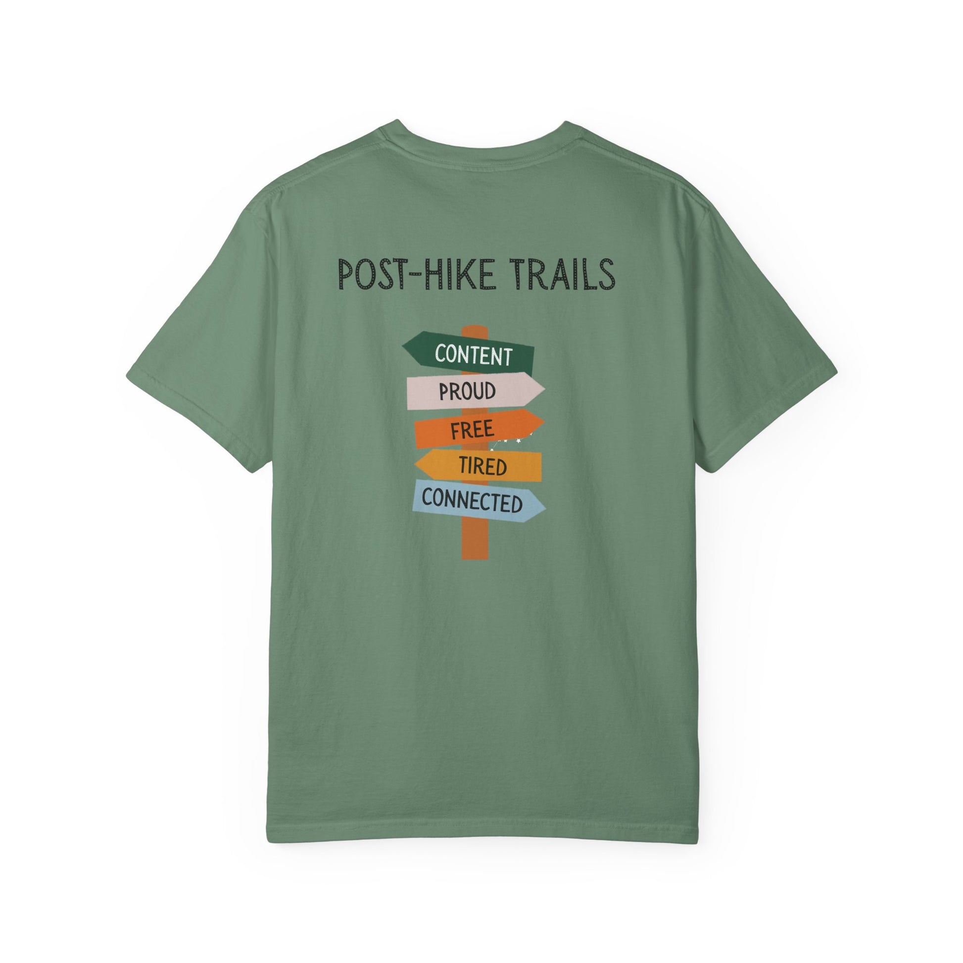 Back of green t-shirt with 'Post-Hike Trails' graphic on a white background