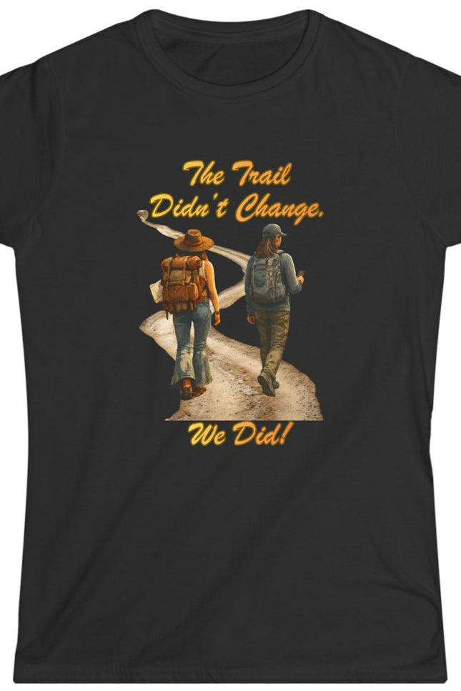 Black t-shirt with graphic design and text on a white background