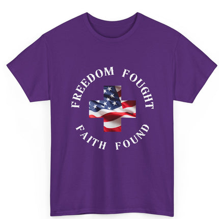 Purple t-shirt with American flag design and text on a white background