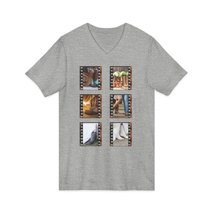 Gray t-shirt with six square photo panels on a white background
