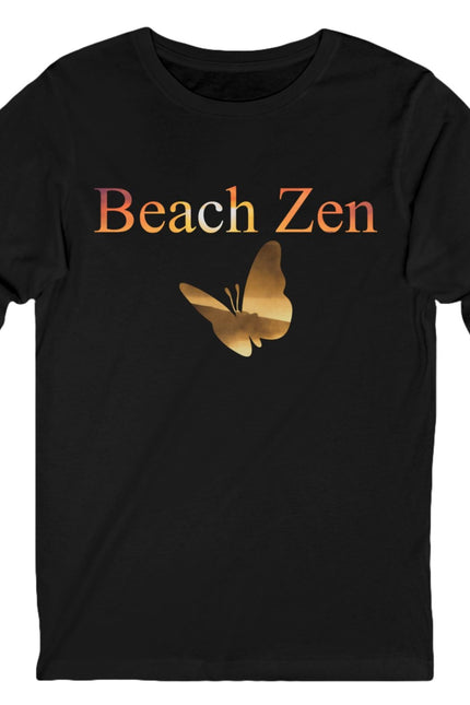 Black long-sleeve shirt with 'Beach Zen' text and butterfly graphic on a white background