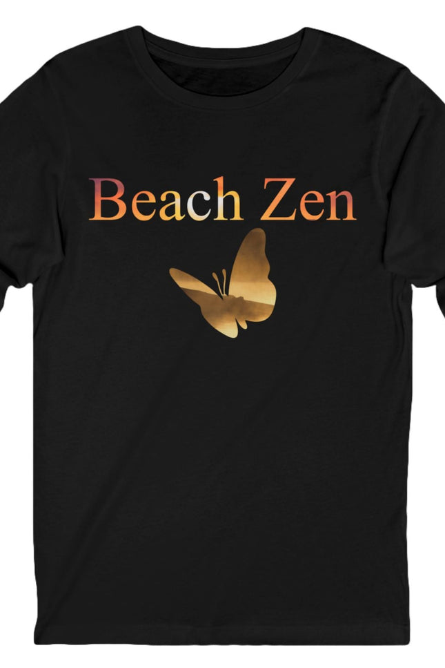 Black long-sleeve shirt with 'Beach Zen' text and butterfly graphic on a white background