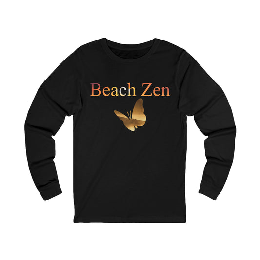 Black long-sleeve shirt with 'Beach Zen' text and butterfly graphic on a white background