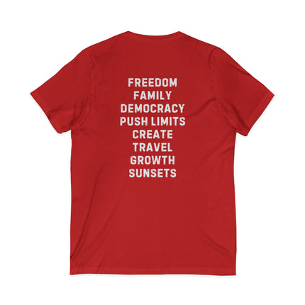 Inspiration Words V-Neck Unisex Tee — Pre and Post Retirement Motivational T-Shirt (Education • Family • Freedom)