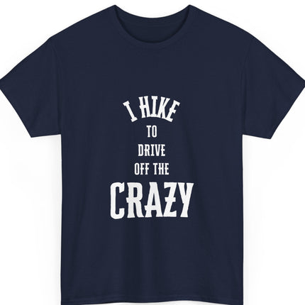Navy blue t-shirt with white text on a white background