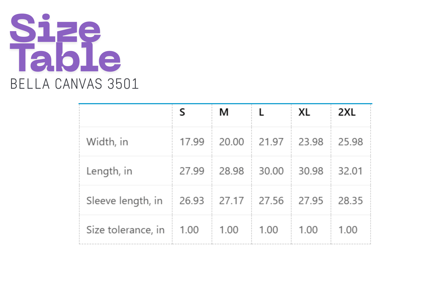 Size chart for Bella Canvas 3501 with dimensions in inches.