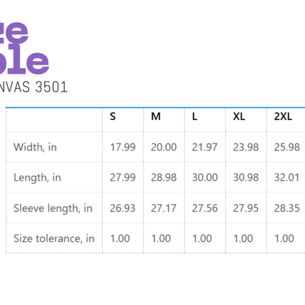 Size chart for Bella Canvas 3501 with dimensions in inches.