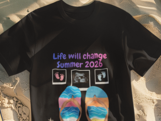 Life Will Change Summer 2026 Flip Flop T-Shirt - Pregnancy Announcement Tee