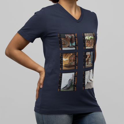 Woman wearing a navy blue t-shirt with film reel design on a gray background